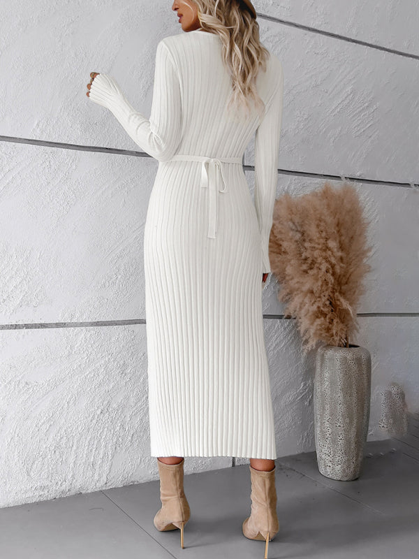 🛍️ Elegant V-Neck Sweater Dress – Chic & Cozy Long Sleeve Knit for Fall & Winter 🖤