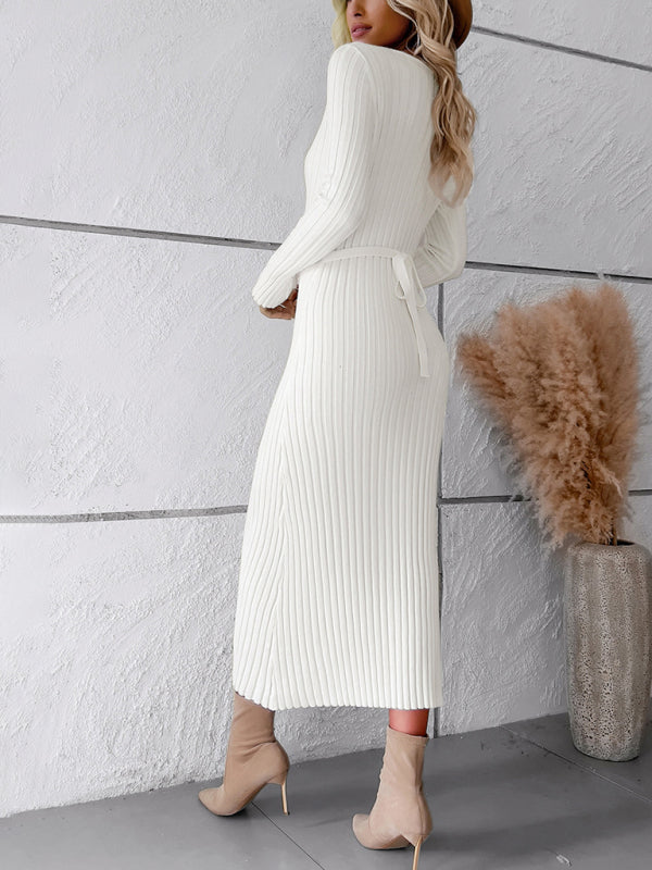 🛍️ Elegant V-Neck Sweater Dress – Chic & Cozy Long Sleeve Knit for Fall & Winter 🖤