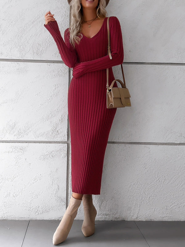 🛍️ Elegant V-Neck Sweater Dress – Chic & Cozy Long Sleeve Knit for Fall & Winter 🖤