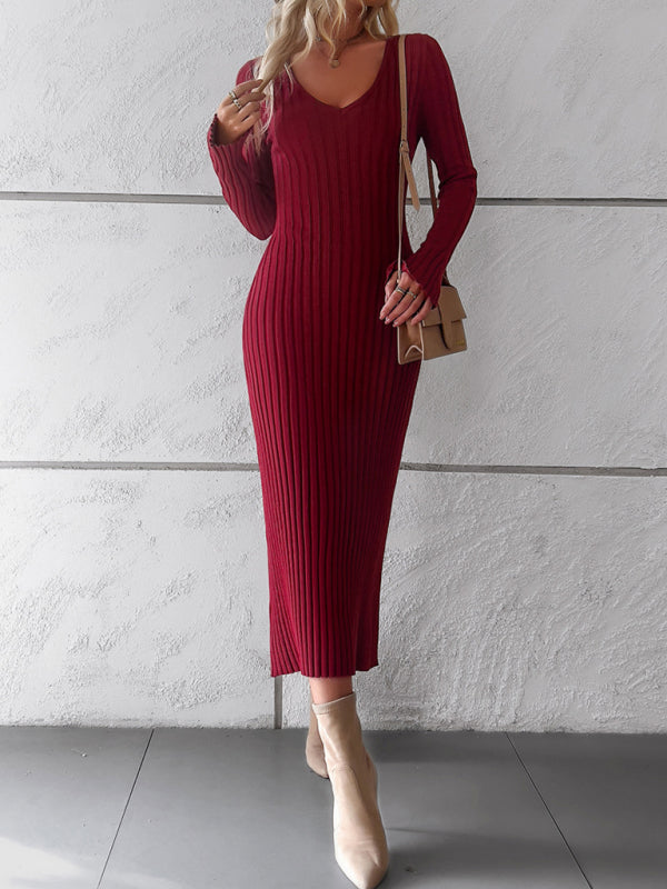 🛍️ Elegant V-Neck Sweater Dress – Chic & Cozy Long Sleeve Knit for Fall & Winter 🖤