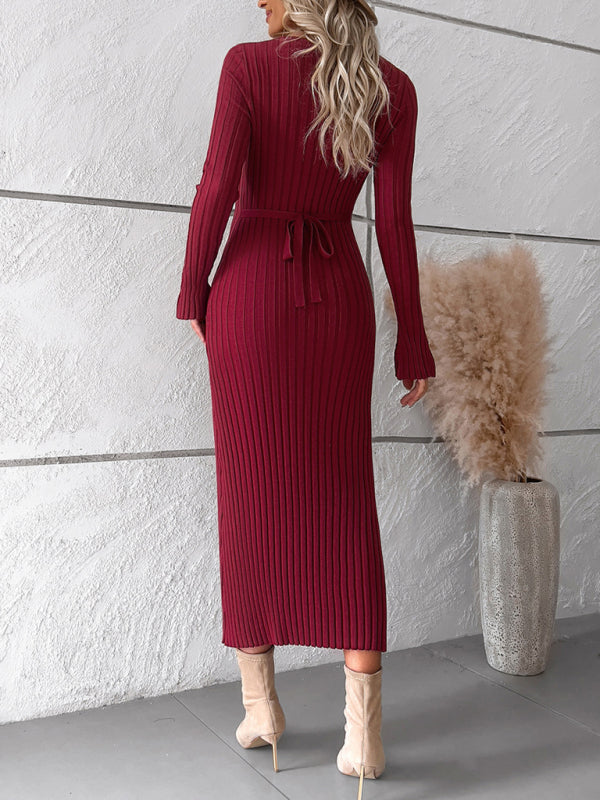 🛍️ Elegant V-Neck Sweater Dress – Chic & Cozy Long Sleeve Knit for Fall & Winter 🖤