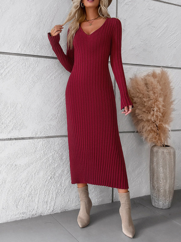 🛍️ Elegant V-Neck Sweater Dress – Chic & Cozy Long Sleeve Knit for Fall & Winter 🖤