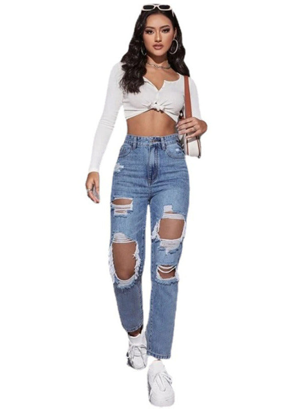 🔥 Women's Washed Ripped High Waist Straight Jeans – Chic, Edgy & Effortlessly Stylish ✨