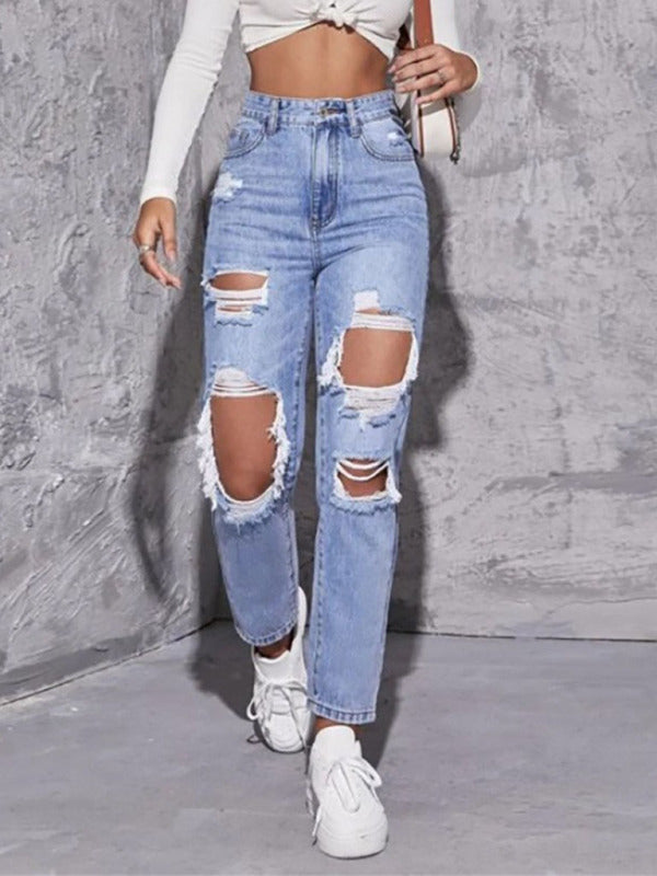 🔥 Women's Washed Ripped High Waist Straight Jeans – Chic, Edgy & Effortlessly Stylish ✨