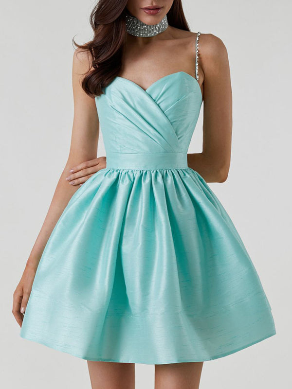 Chic Pleated Suspender Dress – stylish Rhinestone Party Dress for Women