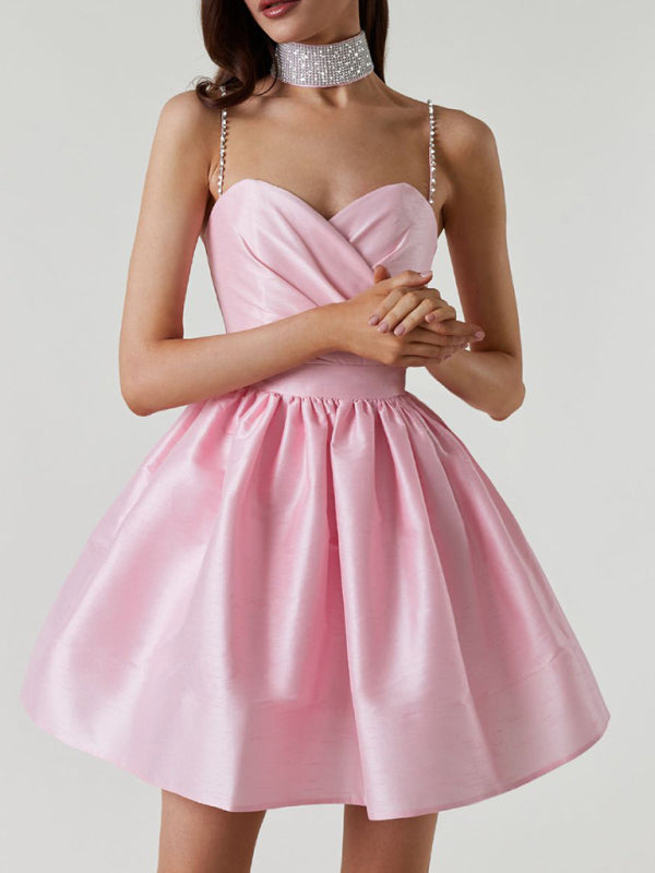 Chic Pleated Suspender Dress – stylish Rhinestone Party Dress for Women