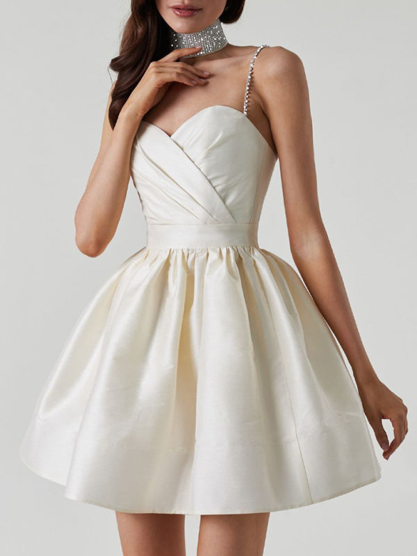 Chic Pleated Suspender Dress – stylish Rhinestone Party Dress for Women