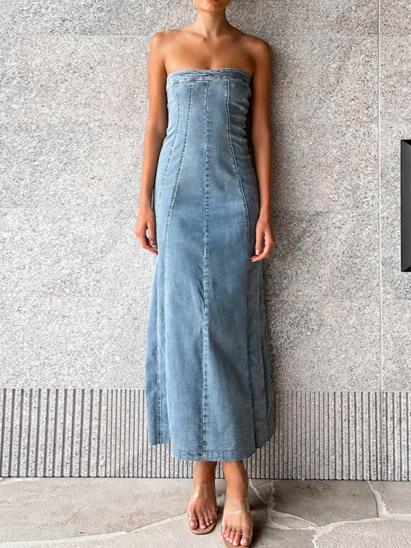 🔥 Sexy Denim Tube Top Maxi Dress – Curve-Hugging Slit Bodycon Outfit 🔥