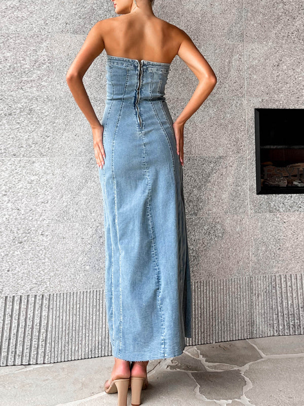 🔥 Sexy Denim Tube Top Maxi Dress – Curve-Hugging Slit Bodycon Outfit 🔥