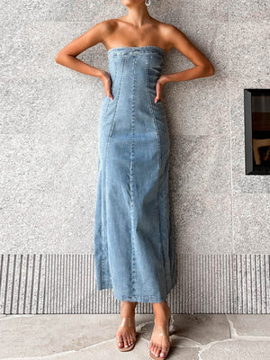 🔥 Sexy Denim Tube Top Maxi Dress – Curve-Hugging Slit Bodycon Outfit 🔥