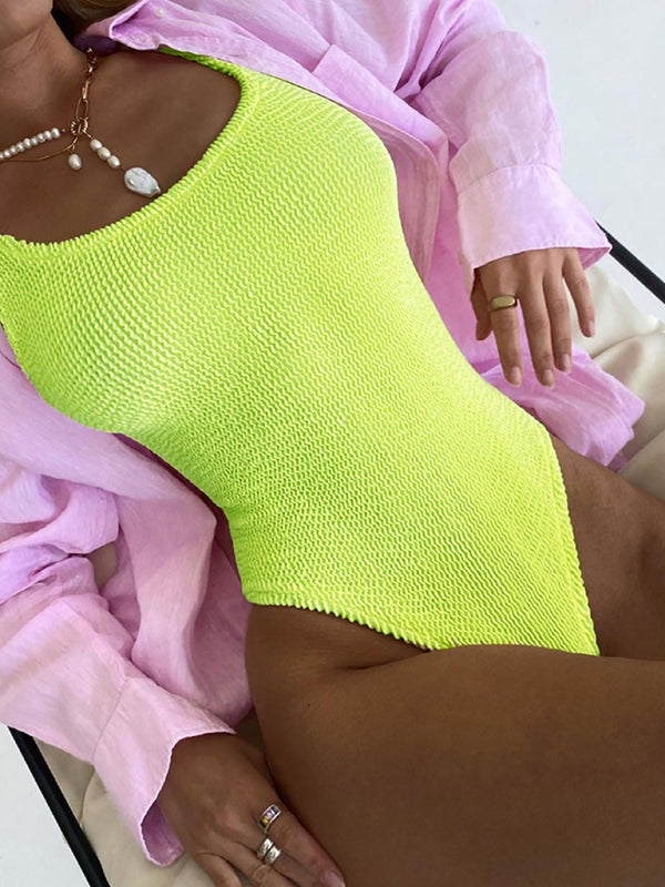 Trendy Fluorescent Pleated One-Piece Swimsuit – Bold & Flattering Swimwear