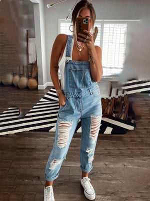 🛍️ Ripped Denim Jumpsuit Mid-Waist – Trendy Casual One-Piece for Street-Style Chic 💙