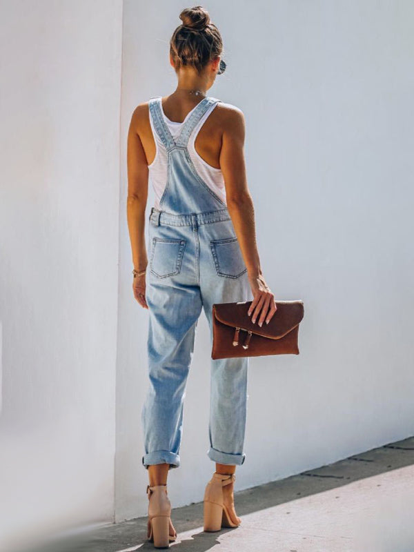 🛍️ Ripped Denim Jumpsuit Mid-Waist – Trendy Casual One Piece for Street-Style Chic 💙