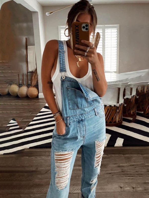 🛍️ Ripped Denim Jumpsuit Mid-Waist – Trendy Casual One-Piece for Street-Style Chic 💙