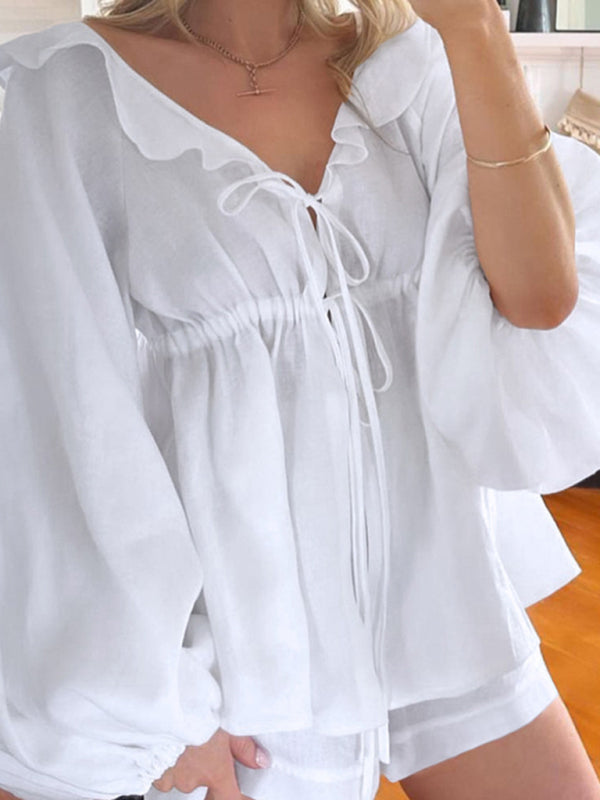 Chic Puff Sleeve V-Neck Ruffle Two-Piece Set – Trendy & Comfy Outfit for Any Season