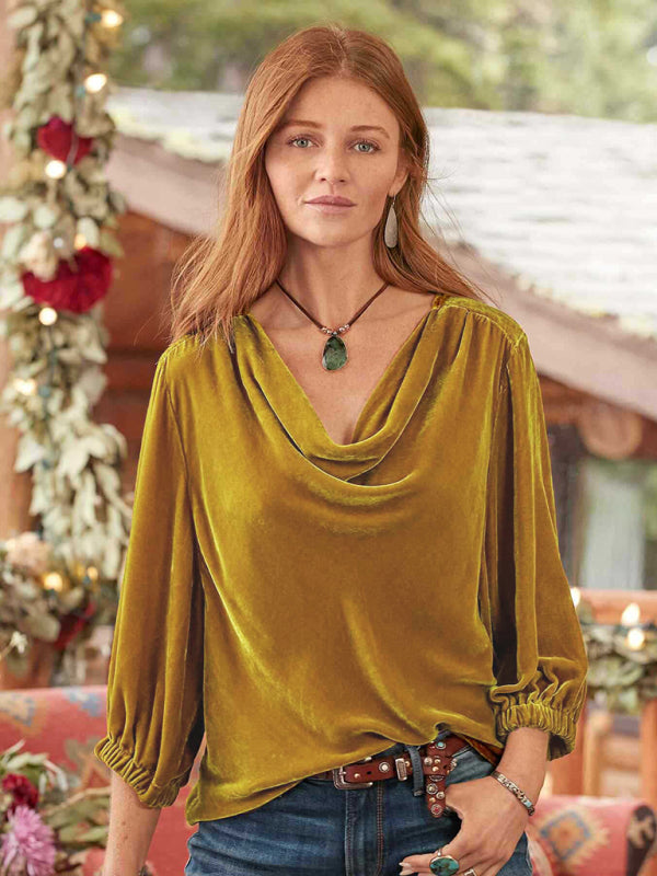 Elegant Gold Velvet Top – Chic Plunging Neckline & Flattering Sleeves