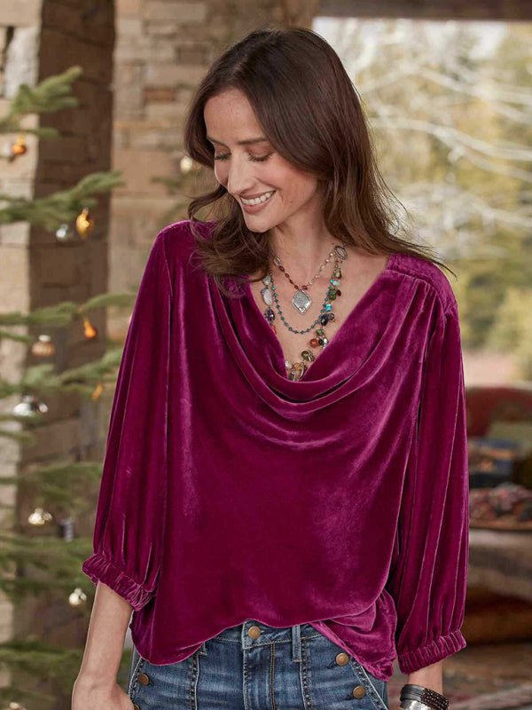 Elegant Gold Velvet Top – Chic Plunging Neckline & Flattering Sleeves