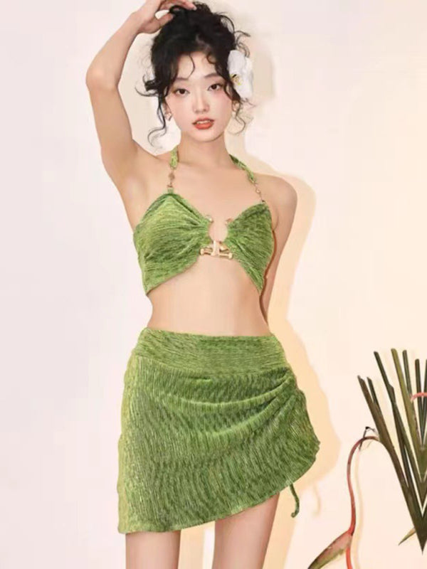 Luxe Gold Velvet 3-Piece Bikini Set – Beachy, Chic, & Vacation-Ready