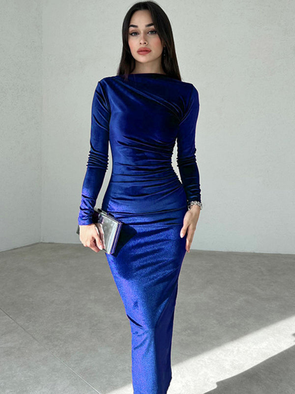 Chic & Sleek Long Sleeve Pleated Dress Slim Fit Fall Winter Outfit