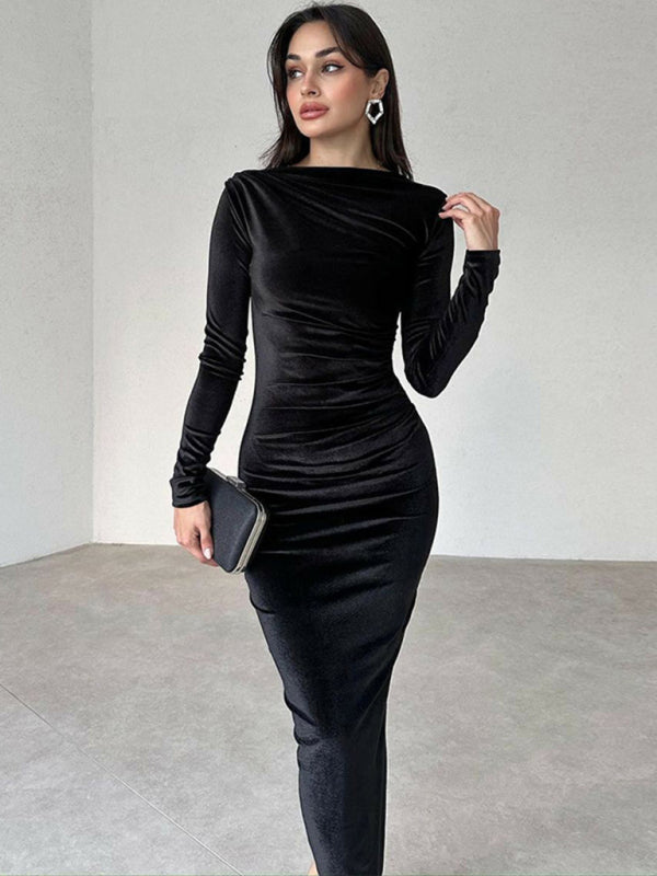 Chic & Sleek Long Sleeve Pleated Dress Slim Fit Fall Winter Outfit