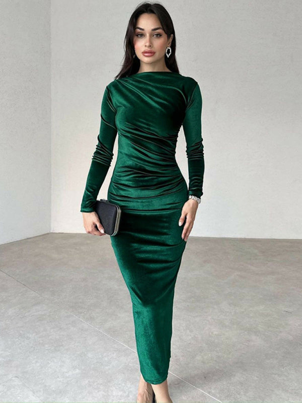 Chic & Sleek Long Sleeve Pleated Dress Slim Fit Fall Winter Outfit