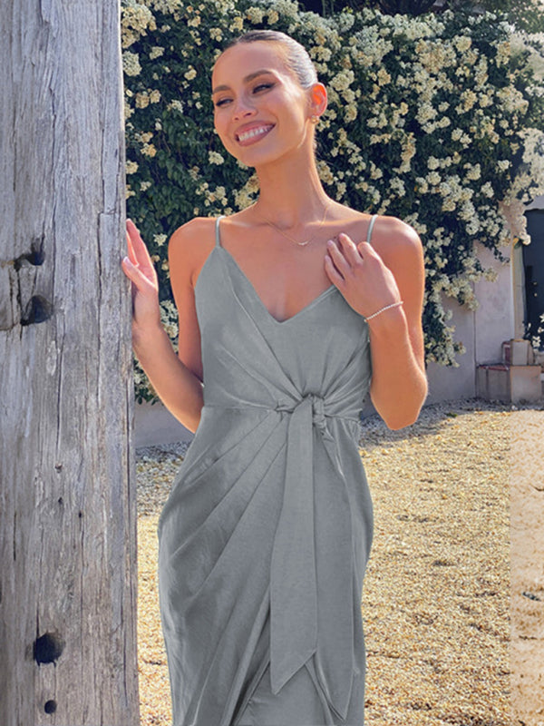Elegant Satin Midi Dress – Chic Knotted Slip Dress for Any Occasion