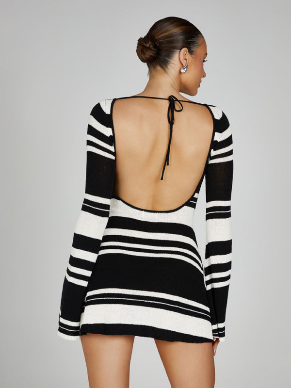 ✨ Chic & Sexy Striped Knit Dress – Backless, Bell Sleeves, Slim Fit ✨