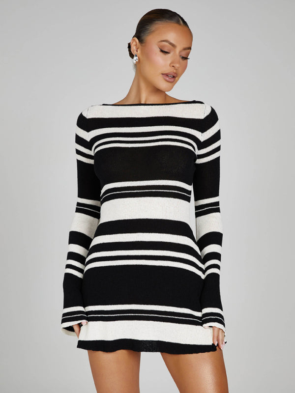 ✨ Chic & Sexy Striped Knit Dress – Backless, Bell Sleeves, Slim Fit ✨