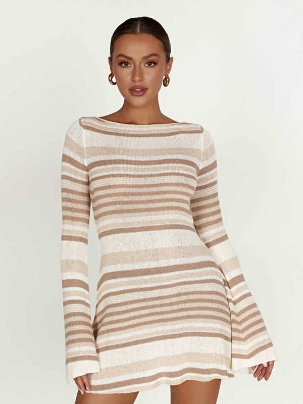 ✨ Chic & Sexy Striped Knit Dress – Backless, Bell Sleeves, Slim Fit ✨