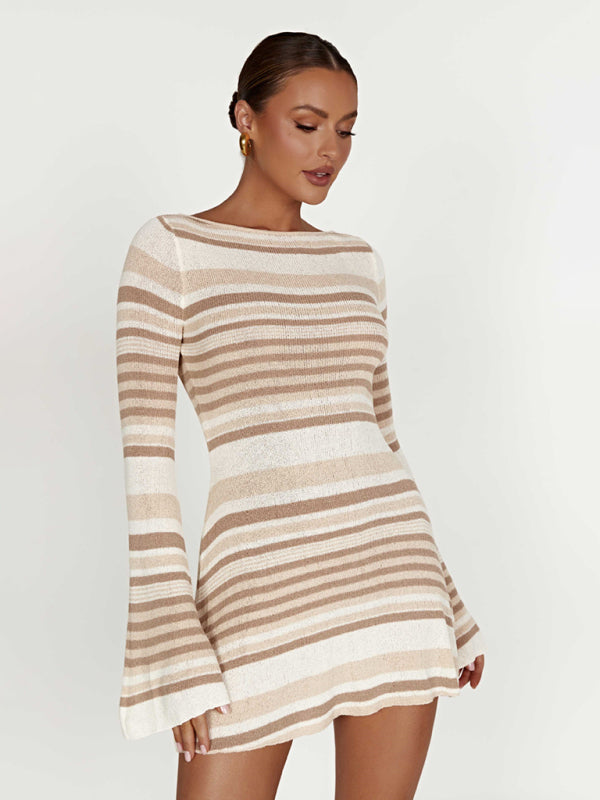 ✨ Chic & Sexy Striped Knit Dress – Backless, Bell Sleeves, Slim Fit ✨