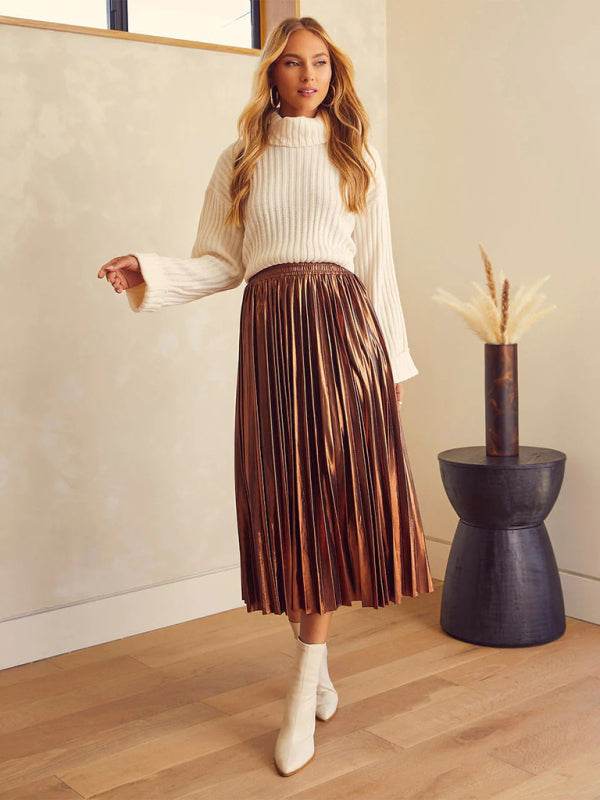 Chic High-Waisted Pleated A-Line Skirt – Shiny & Stylish for Any Season