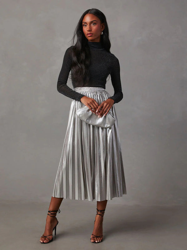 Chic High-Waisted Pleated A-Line Skirt – Shiny & Stylish for Any Season