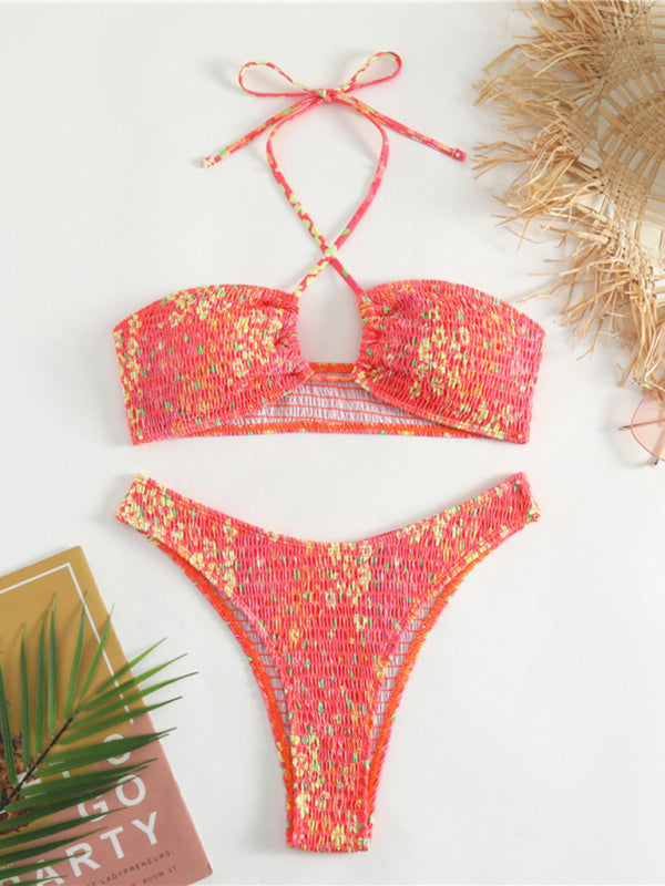 Chic Floral Print Bikini Set Lace-Up Two-Piece Swimsuit