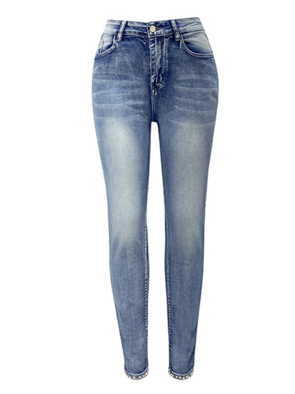 🦋 Women's Washed Beaded Denim Pencil Pants – Chic, Slim & Trendy Jeans 👖✨