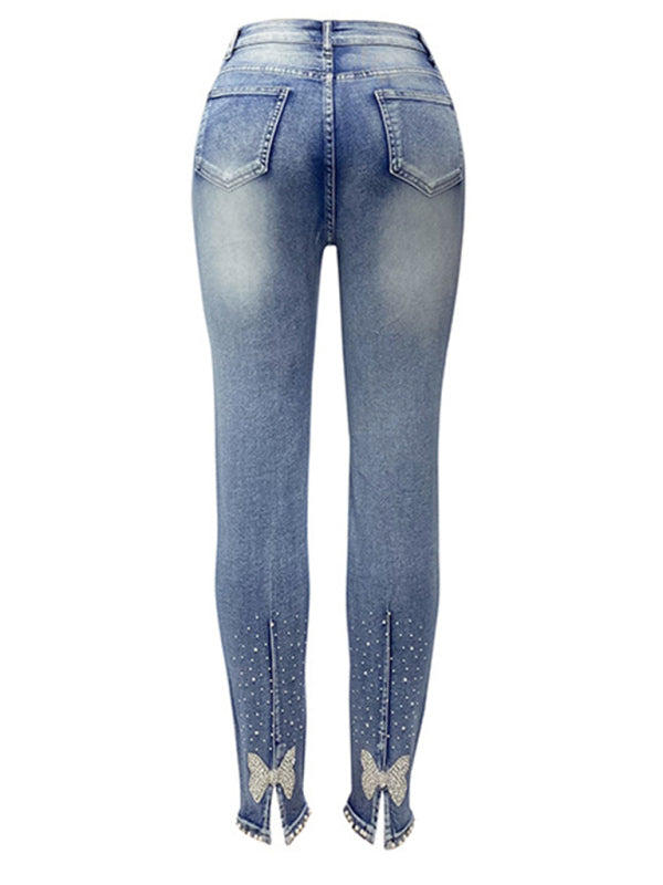 🦋 Women's Washed Beaded Denim Pencil Pants – Chic, Slim & Trendy Jeans 👖✨