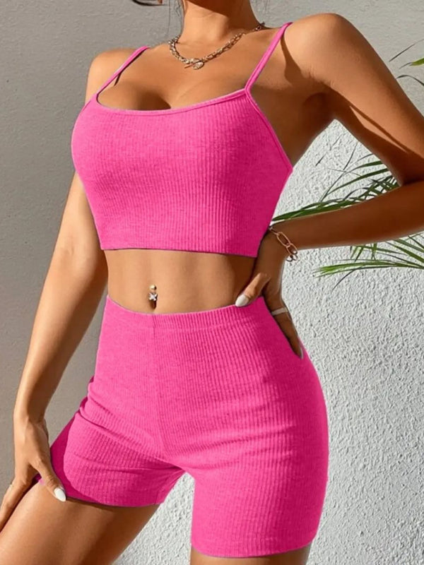 🔥 Sexy Suspender Shorts Yoga Set – Trendy Sporty Chic Outfit for Gym & Streetwear 🔥