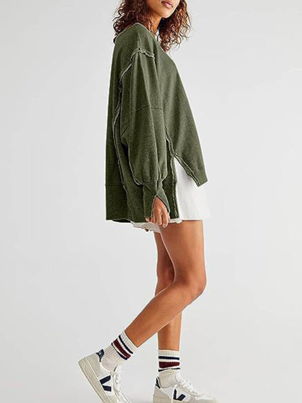 Cozy Chic Round Neck Sweatshirt Long Sleeve Loose Fit Slit Hem – Perfect for Casual Looks
