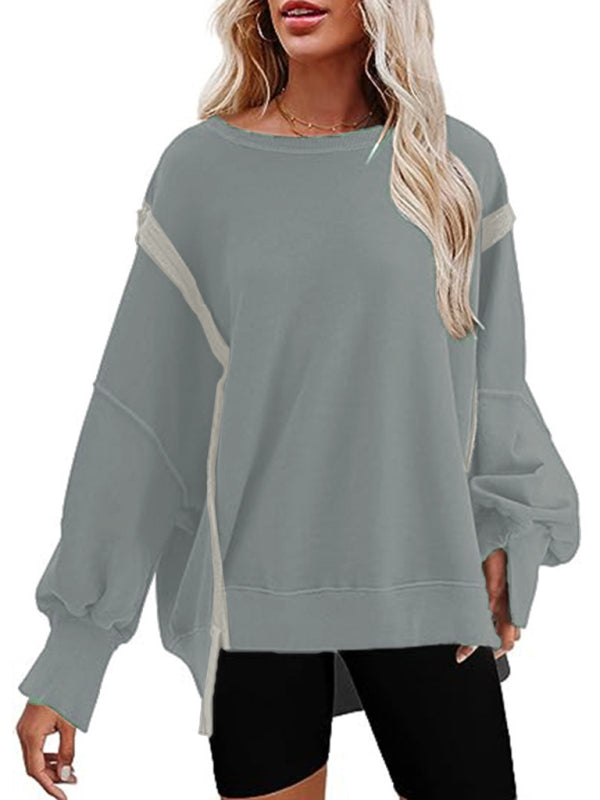 Cozy Chic Round Neck Sweatshirt Long Sleeve Loose Fit Slit Hem – Perfect for Casual Looks