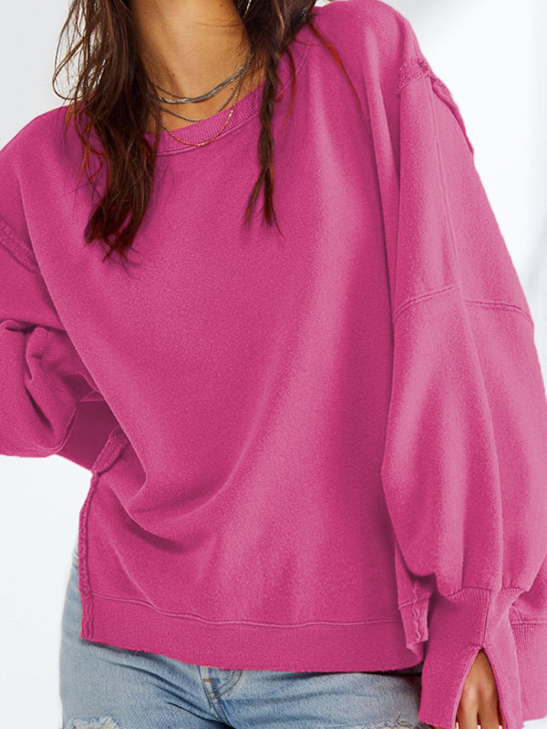 Cozy Chic Round Neck Sweatshirt Long Sleeve Loose Fit Slit Hem – Perfect for Casual Looks