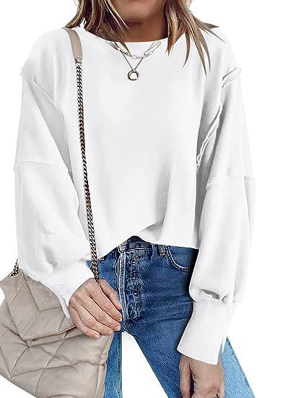 Cozy Chic Round Neck Sweatshirt Long Sleeve Loose Fit Slit Hem – Perfect for Casual Looks