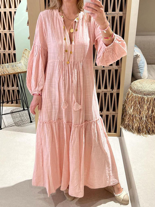 Boho Chic V-Neck Puff Sleeve Dress – Cotton Linen Flowy Summer Outfit