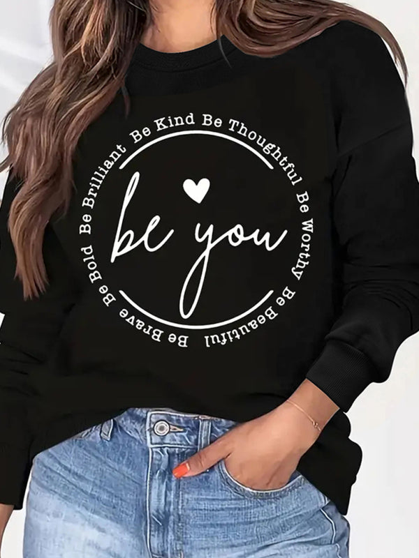 Cozy Love Print Sweatshirt Round Neck Long Sleeve Trendy Fit