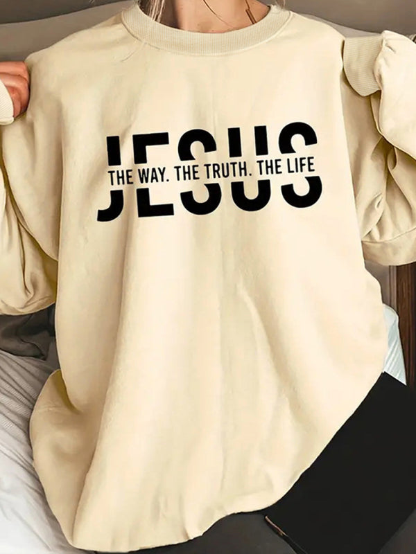 Letter Print Christian Long Sleeve Sweatshirt Cozy Faith-Inspired Top