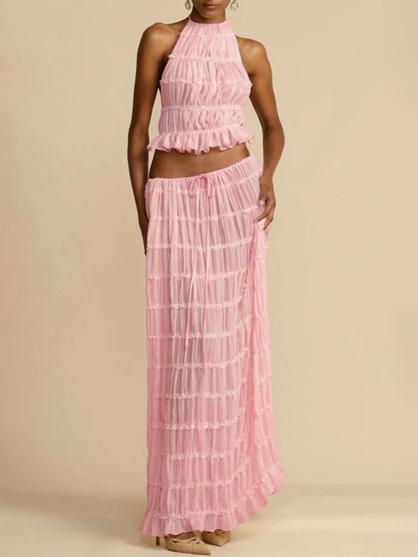 💫 Backless Lace-Up Halter Top & Chiffon Pleated Long Skirt Set with Earrings – Effortless Elegance 💫