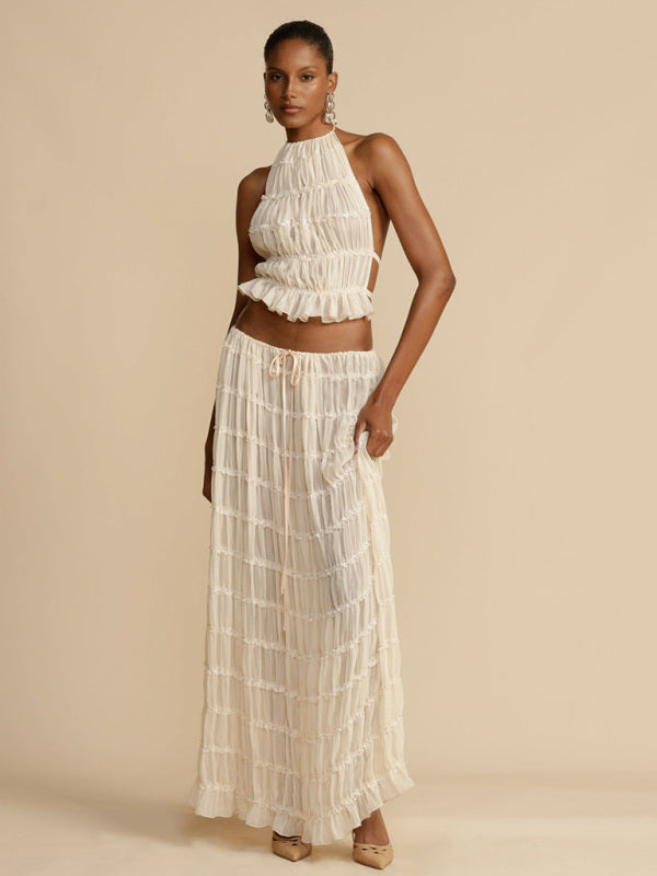 💫 Backless Lace-Up Halter Top & Chiffon Pleated Long Skirt Set with Earrings – Effortless Elegance 💫