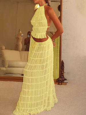 💫 Backless Lace-Up Halter Top & Chiffon Pleated Long Skirt Set with Earrings – Effortless Elegance 💫