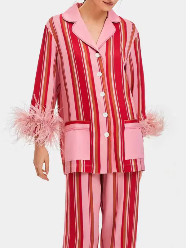 Trendy Striped Feather Lounge Set Comfy Two-Piece Pajamas for Chic Relaxation
