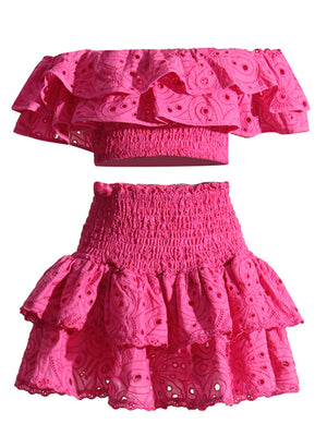 💖 French-Style Ear-Hemmed Short Top & High-Waisted Cake Layer Skirt Two-Piece Set – Romantic Elegance 💖