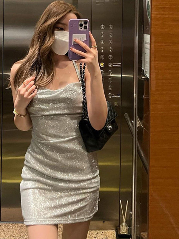 stylish Knitted Backless Mini Dress – Trendy Suspender Bodycon Party Look