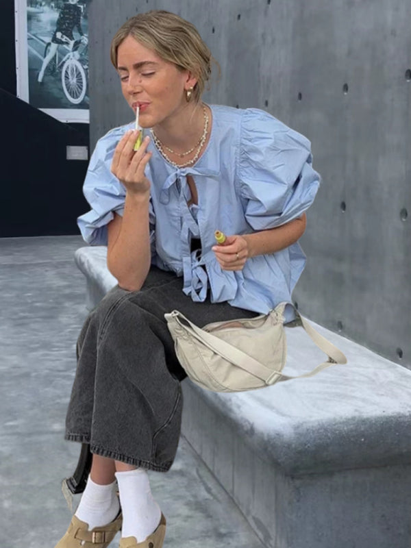 Cute Puff Sleeve Strappy Blouse – Trendy Spring Summer Top for Women